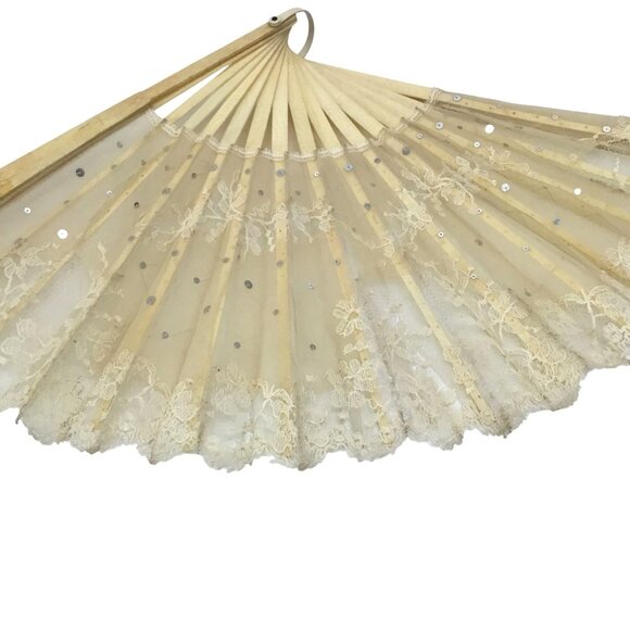 ANTIQUE Women Lace Folding Fan Sequins Embroidered Tulle Wooden Frame Repairable - Picture 3 of 11